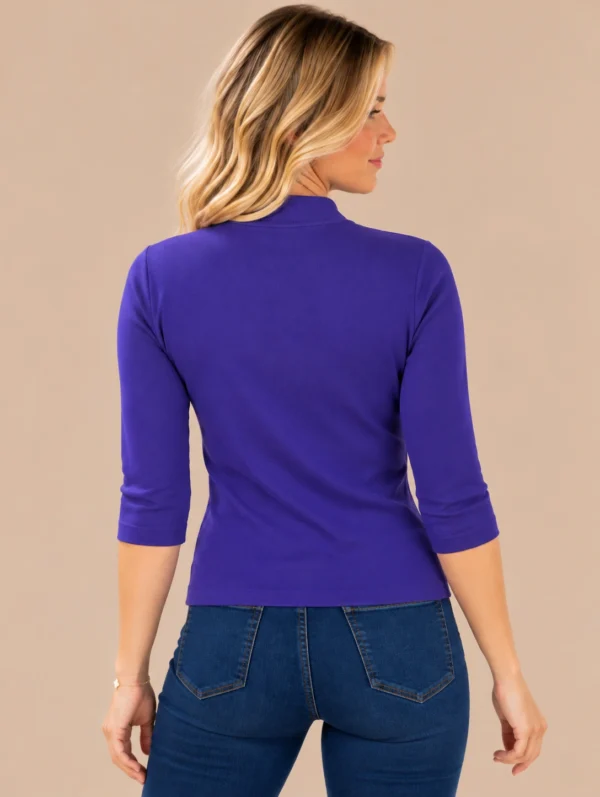 02purple-cotton-mock-neck-top.webp Kalisson Purple cotton mock neck top with three-quarter sleeves