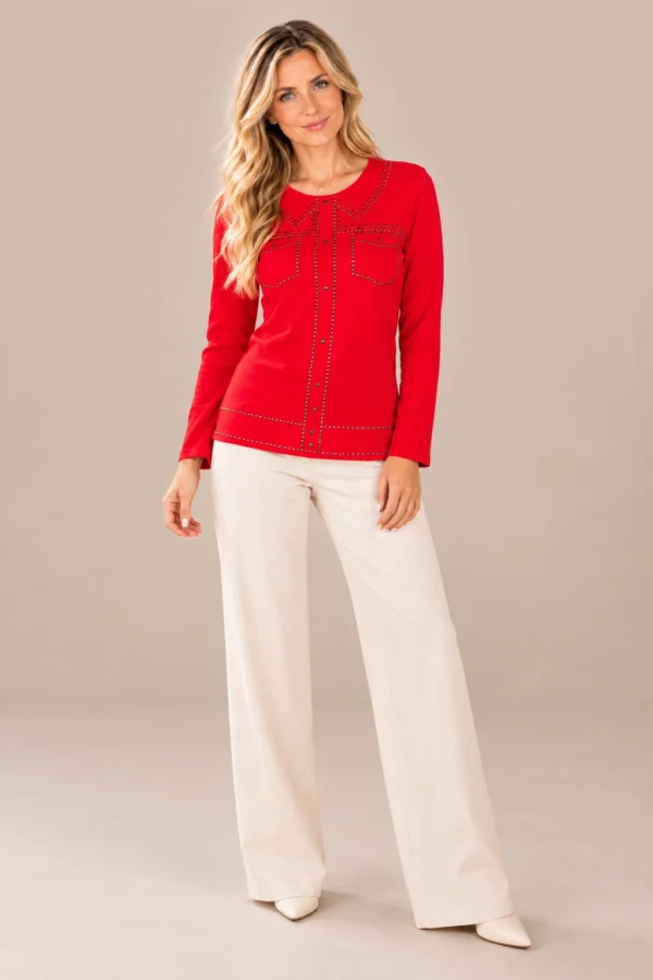 02red-studded-long-sleeve-top.webp Kalisson Women's red cotton long sleeve top with decorative dark stud detailing