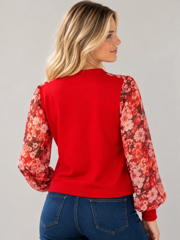 02red-floral-sleeve-v-neck-top.webp Kalisson Red V-neck top with four-button detail and long floral sleeves