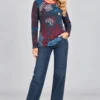 02-kalisson-ka-04123-navy-abstract-print-top-full-body Kalisson navy abstract print top front upper body view