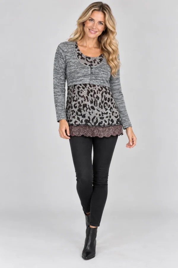 Kalisson KA 7846 grey animal print tunic front upper body view