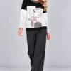 02-kalisson-ka-82123-black-white-graphic-sweatshirt-full-body Kalisson black and white graphic sweatshirt front upper body view