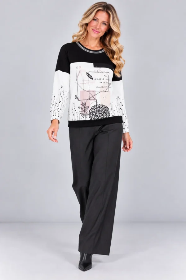 02-kalisson-ka-82123-black-white-graphic-sweatshirt-full-body Kalisson black and white graphic sweatshirt front upper body view