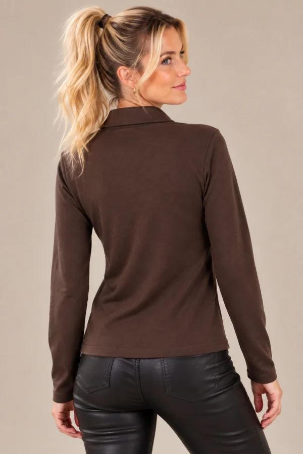 03womens-abstract-print-zip-top.webp Women's brown abstract print long-sleeve top with collar and short ring-pull zip