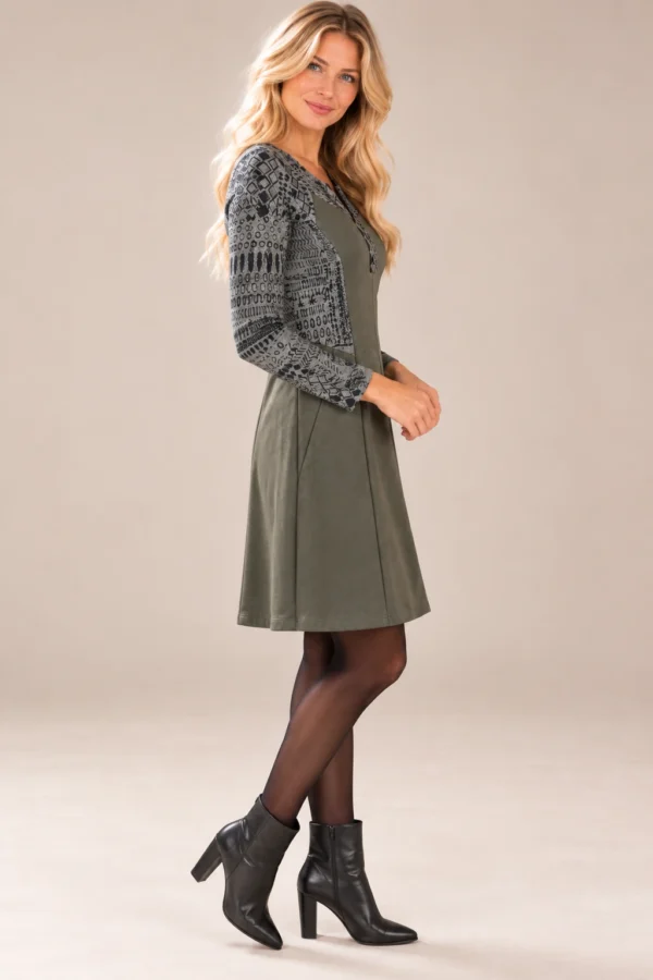 03womens-khaki-faux-suede-panel-dress.webp Women's khaki faux suede long-sleeve dress with grey and black abstract print panels