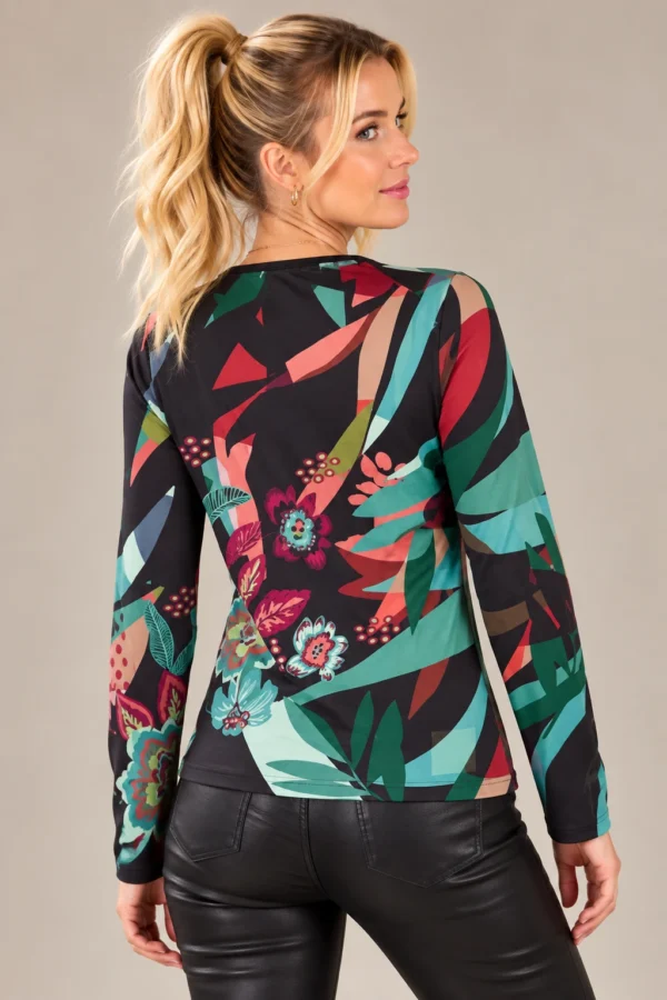 03womens-floral-abstract-panel-top.webp Kalisson Women's multicolour floral abstract long-sleeve top with black asymmetric panel