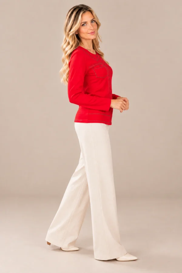 03red-studded-long-sleeve-top.webp Kalisson Women's red cotton long sleeve top with decorative dark stud detailing