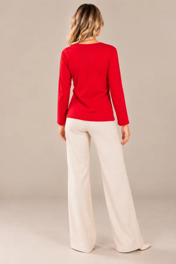 04red-studded-long-sleeve-top.webp Kalisson Women's red cotton long sleeve top with decorative dark stud detailing
