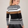 04black-white-camel-striped-cotton-sweater.webp Women’s black, white and camel striped cotton sweater, front upper-body view.