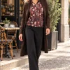 04womens-abstract-print-zip-top.webp Women's brown abstract print long-sleeve top with collar and short ring-pull zip