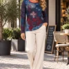 05-kalisson-ka-04123-navy-abstract-print-top-lifestyle Kalisson navy abstract print top front upper body view