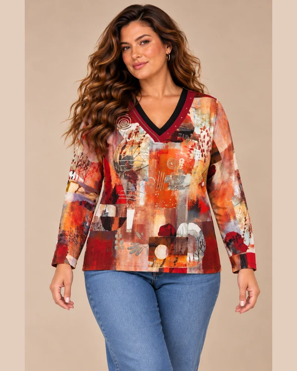 BAG_07123_bagoraz_abstract_print_vneck_top_01_front_upper_body Bagoraz Abstract Print V-Neck Long Sleeve Top