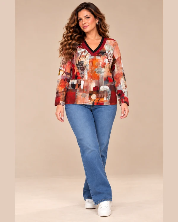 BAG_07123_bagoraz_abstract_print_vneck_top_02_front_full_body Bagoraz Abstract Print V-Neck Long Sleeve Top