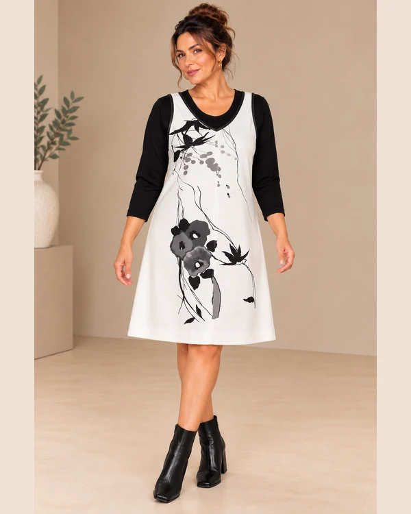 BAG_107123_01_front_upperbody Bagoraz Black and Ivory Floral Print Dress