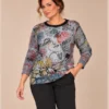 BAG_58123_bagoraz_grey_art_print_cotton_top_01_front_upper_body : Bagoraz grey abstract print cotton top with long sleeves and dark round neckline, front upper-body view