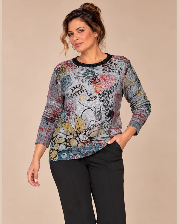 BAG_58123_bagoraz_grey_art_print_cotton_top_01_front_upper_body : Bagoraz grey abstract print cotton top with long sleeves and dark round neckline, front upper-body view