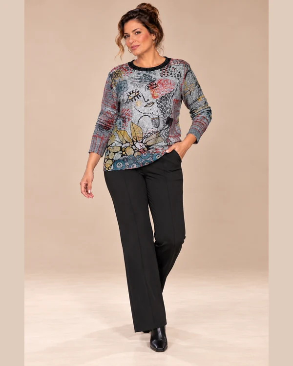 BAG_58123_bagoraz_grey_art_print_cotton_top_02_front_full_body : Bagoraz grey abstract print cotton top with long sleeves and dark round neckline, front upper-body view