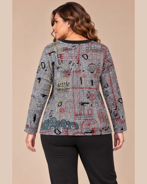 BAG_58123_bagoraz_grey_art_print_cotton_top_04_back : Bagoraz grey abstract print cotton top with long sleeves and dark round neckline, front upper-body view
