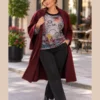BAG_58123_bagoraz_grey_art_print_cotton_top_05_lifestyle : Bagoraz grey abstract print cotton top with long sleeves and dark round neckline, front upper-body view