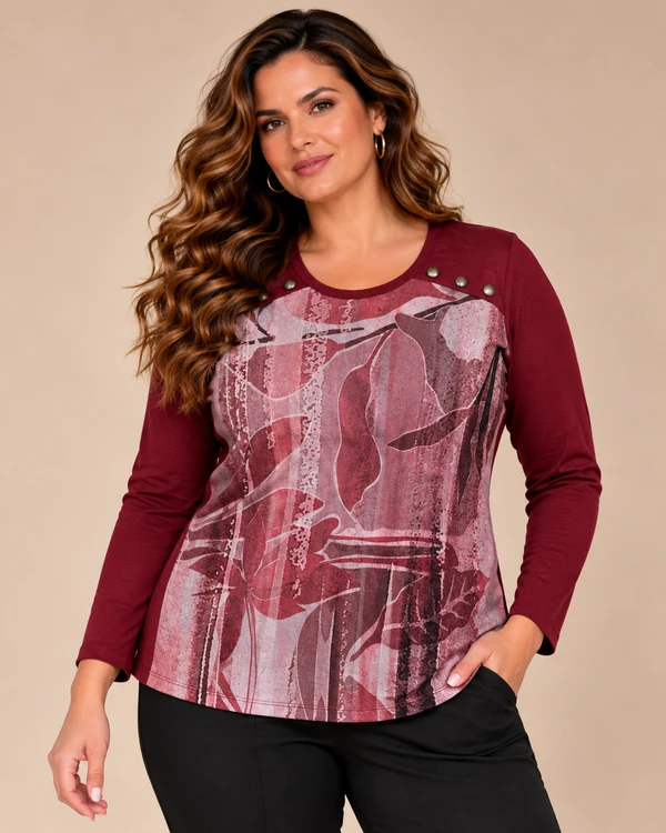 BAG_D200117_bagoraz_burgundy_abstract_print_top_01_front_upper_body Bagoraz Burgundy Abstract Print Long Sleeve Top