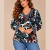 BAG_D20062_bagoraz_teal_floral_vneck_top_01_front_upper_body Bagoraz Teal and Burgundy Floral Print V-Neck Top