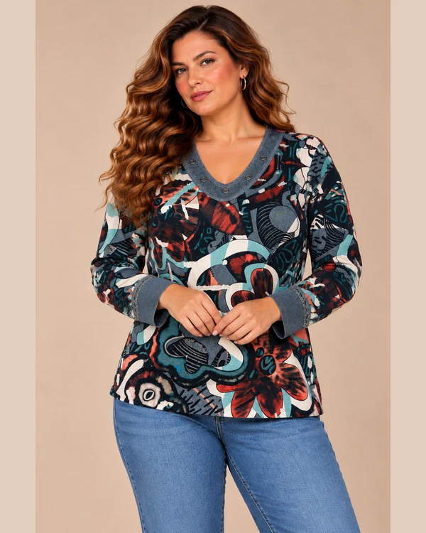 BAG_D20062_bagoraz_teal_floral_vneck_top_01_front_upper_body Bagoraz Teal and Burgundy Floral Print V-Neck Top