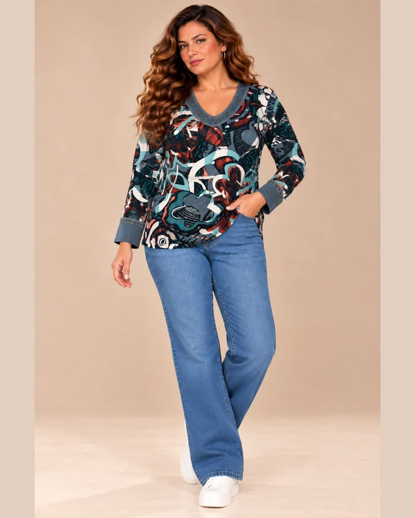 BAG_D20062_bagoraz_teal_floral_vneck_top_02_front_full_body Bagoraz Teal and Burgundy Floral Print V-Neck Top