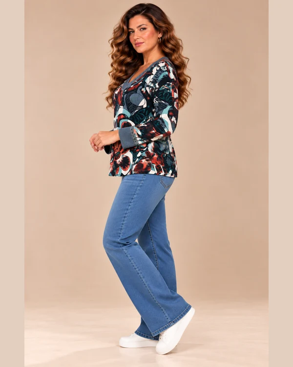 BAG_D20062_bagoraz_teal_floral_vneck_top_03_side Bagoraz Teal and Burgundy Floral Print V-Neck Top