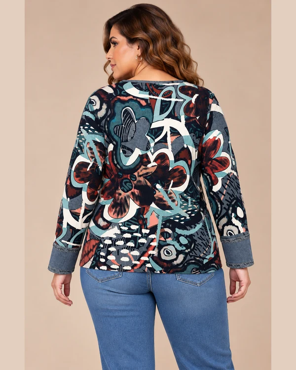 BAG_D20062_bagoraz_teal_floral_vneck_top_04_back Bagoraz Teal and Burgundy Floral Print V-Neck Top