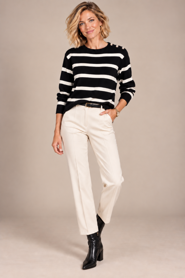 DI_4120P_2_front_full_body Kalisson black cream striped knit sweater front upper body view
