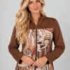 brown-abstract-print-zip-jacket Brown abstract print zip jacket with stand collar and long sleeves, upper-body front view.