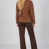 brown-abstract-print-zip-jacket-back Brown abstract print zip jacket with stand collar and long sleeves, upper-body front view.
