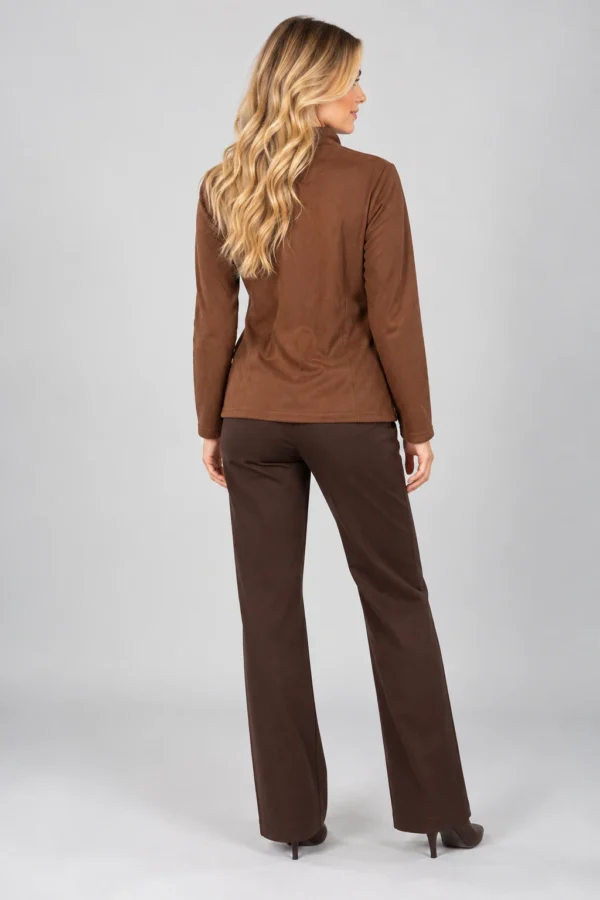 brown-abstract-print-zip-jacket-back Brown abstract print zip jacket with stand collar and long sleeves, upper-body front view.