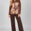 brown-abstract-print-zip-jacket-full-body Brown abstract print zip jacket with stand collar and long sleeves, upper-body front view.