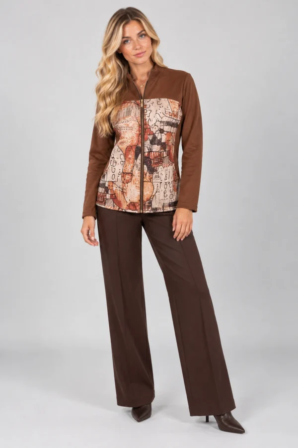 brown-abstract-print-zip-jacket-full-body Brown abstract print zip jacket with stand collar and long sleeves, upper-body front view.