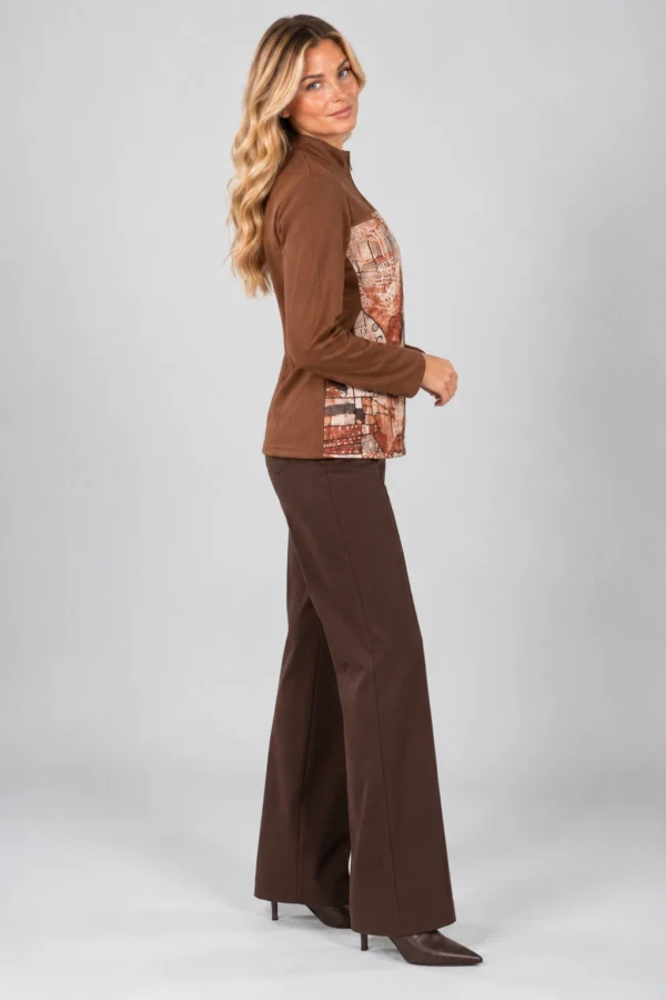 brown-abstract-print-zip-jacket-side Brown abstract print zip jacket with stand collar and long sleeves, upper-body front view.