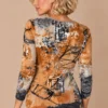 ka-20i003-abstract-print-wrap-top-back-upper-body Kalisson abstract print wrap top in rust, beige, grey and black, upper-body view.