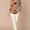 ka-20i003-abstract-print-wrap-top-full-body-alt Kalisson abstract print wrap top in rust, beige, grey and black, upper-body view.