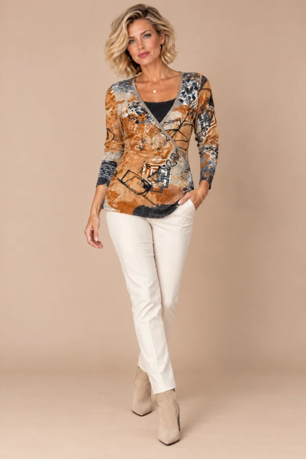 ka-20i003-abstract-print-wrap-top-full-body-alt Kalisson abstract print wrap top in rust, beige, grey and black, upper-body view.