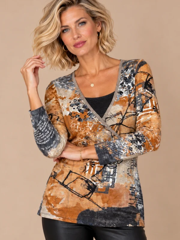 ka-20i003-abstract-print-wrap-top-upper-body Kalisson abstract print wrap top in rust, beige, grey and black, upper-body view.