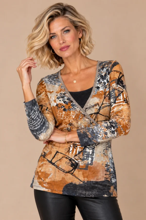 ka-20i003-abstract-print-wrap-top-upper-body Kalisson abstract print wrap top in rust, beige, grey and black, upper-body view.