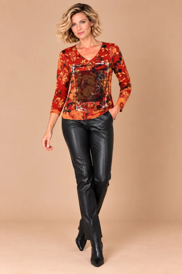 ka-20i008-red-floral-v-neck-top-back-view KALISSON red floral V-neck top, lifestyle view
