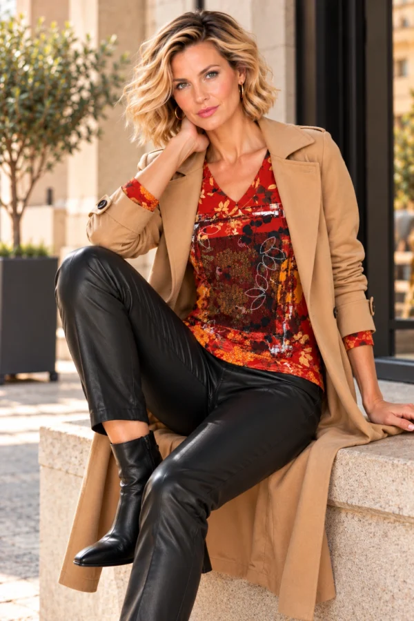 ka-20i008-red-floral-v-neck-top-lifestyle KALISSON red floral V-neck top, lifestyle view