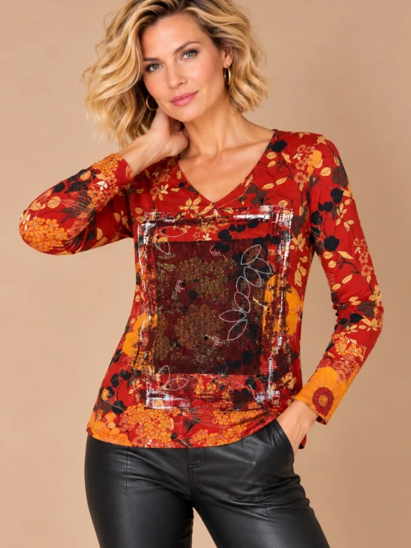 ka-20i008-red-floral-v-neck-top-upper-body-front KALISSON red floral V-neck top, lifestyle view