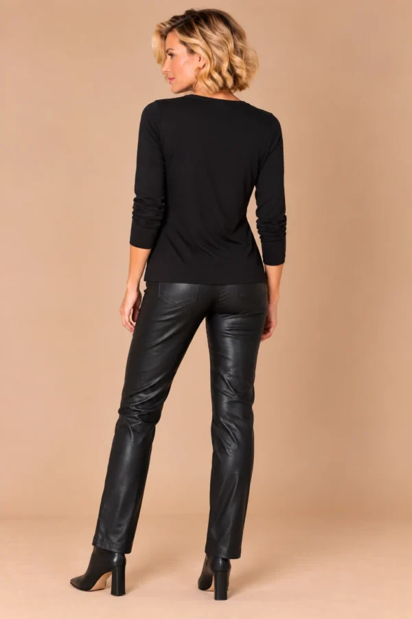 ka-20i049-black-cotton-top-back-full-body Kalisson black cotton patterned top, upper-body front view.