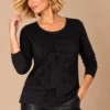 ka-20i049-black-cotton-top-side-full-body Kalisson black cotton patterned top, upper-body front view.