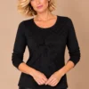 ka-20i049-black-cotton-top-upper-body Kalisson black cotton patterned top, upper-body front view.