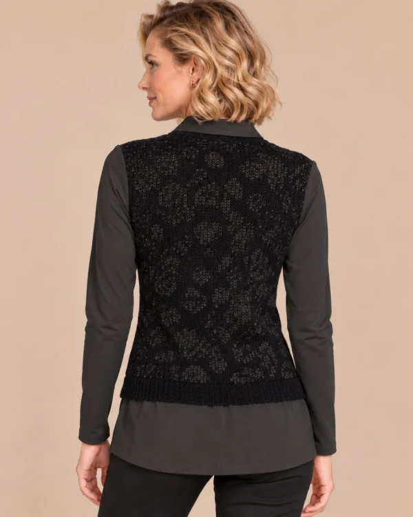 kalisson-black-layered-knit-top-back-upper-body Kalisson black layered knit top front upper body view