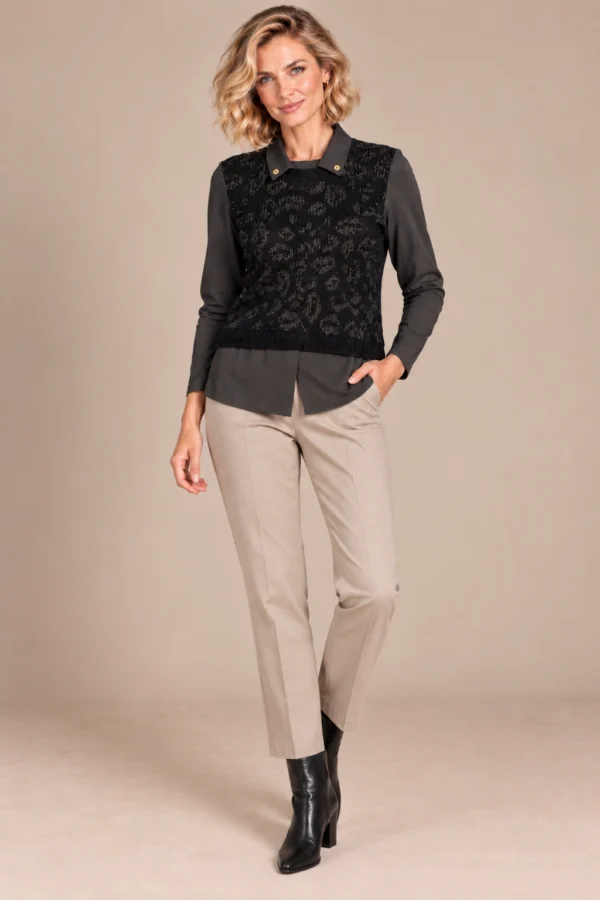 kalisson-black-layered-knit-top-front-full-body Kalisson black layered knit top front upper body view