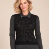 kalisson-black-layered-knit-top-front-upper-body Kalisson black layered knit top front upper body view